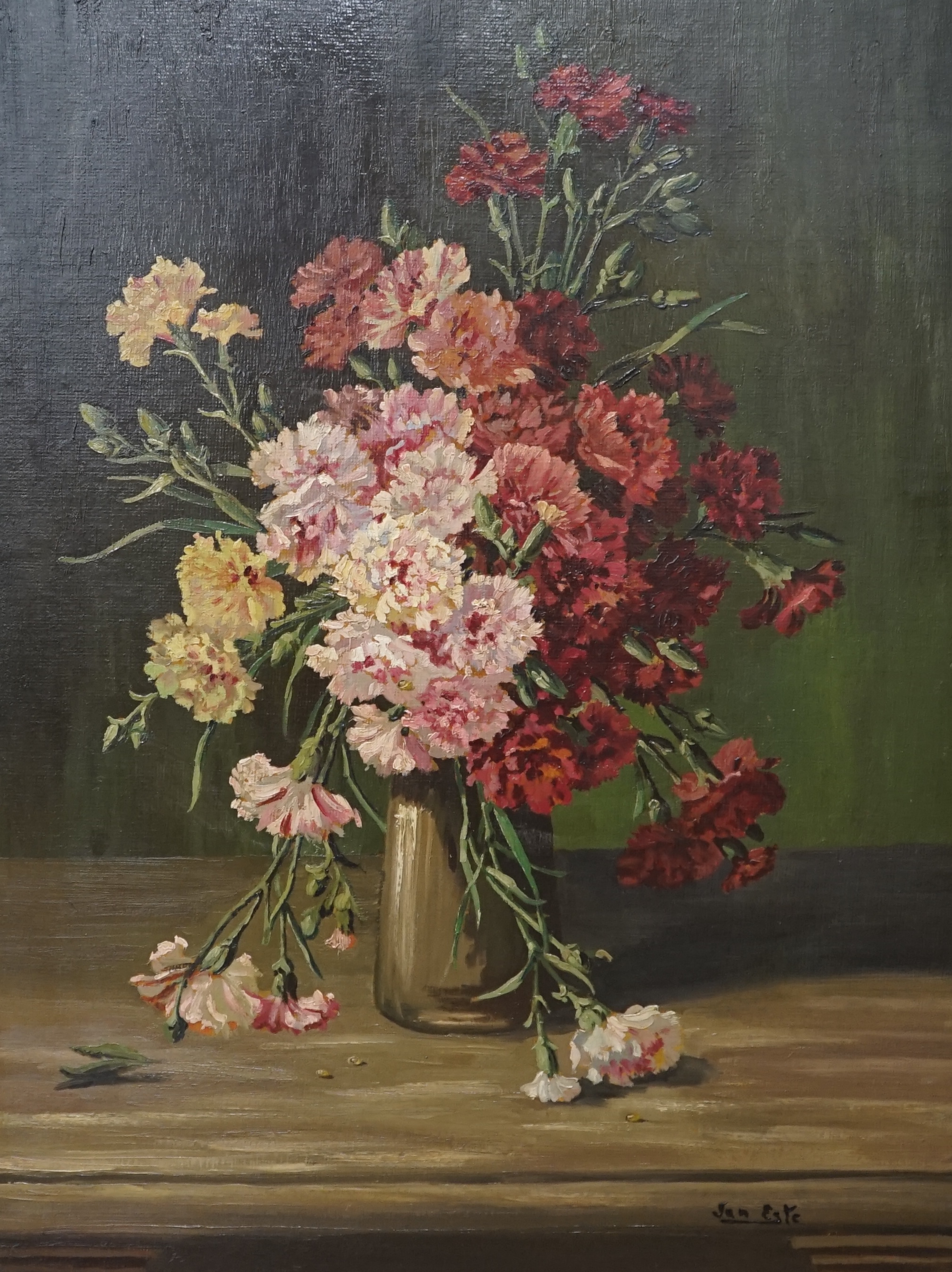 Van Este, oil on canvas, Still life of Carnations in a vase, signed, 79 x 58cm, gilt framed. Condition - good